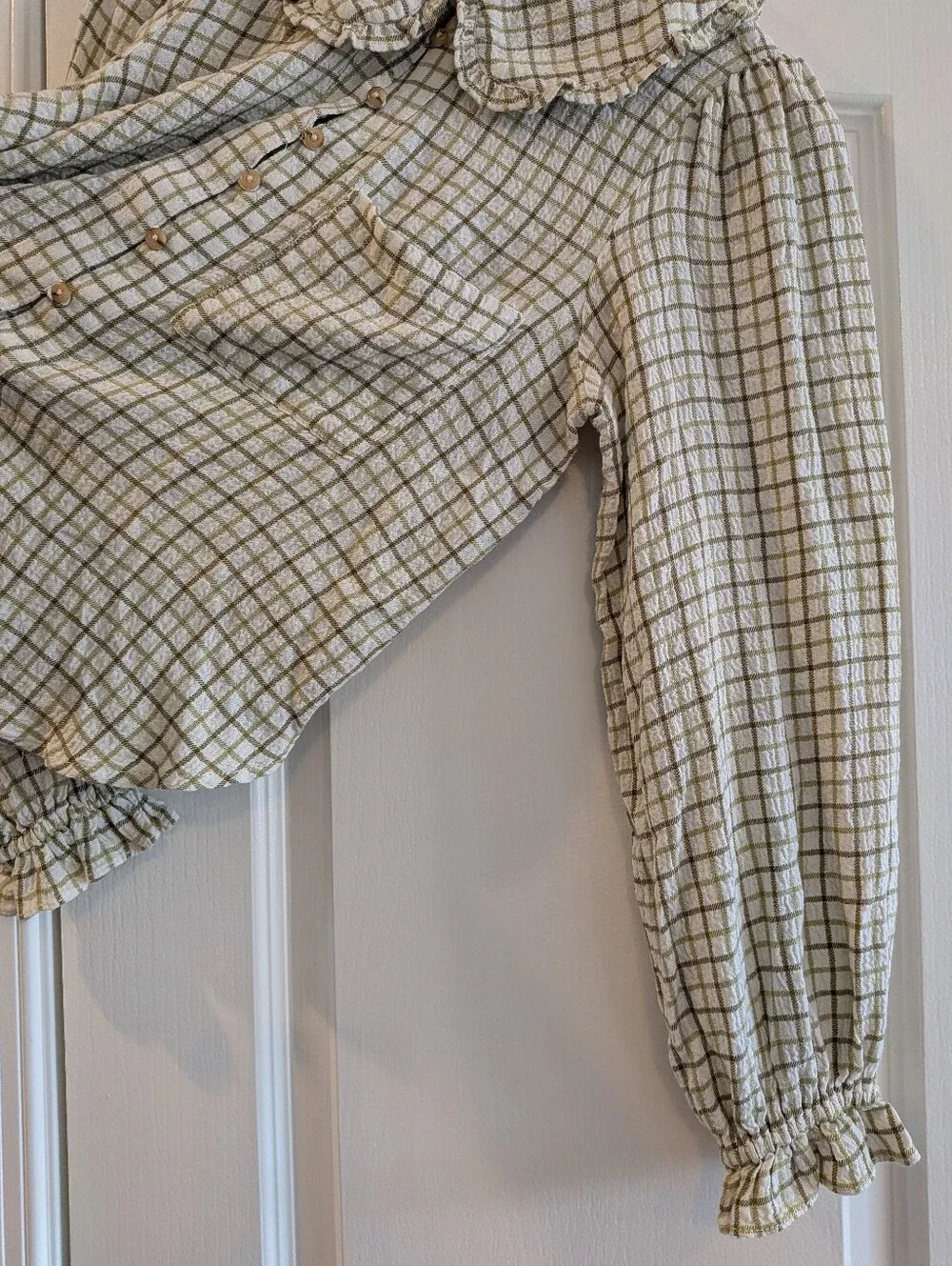 Anthropologie Pilcro Keira Peter Pan Collar Blouse Green Plaid Lone Sleeve Sz S